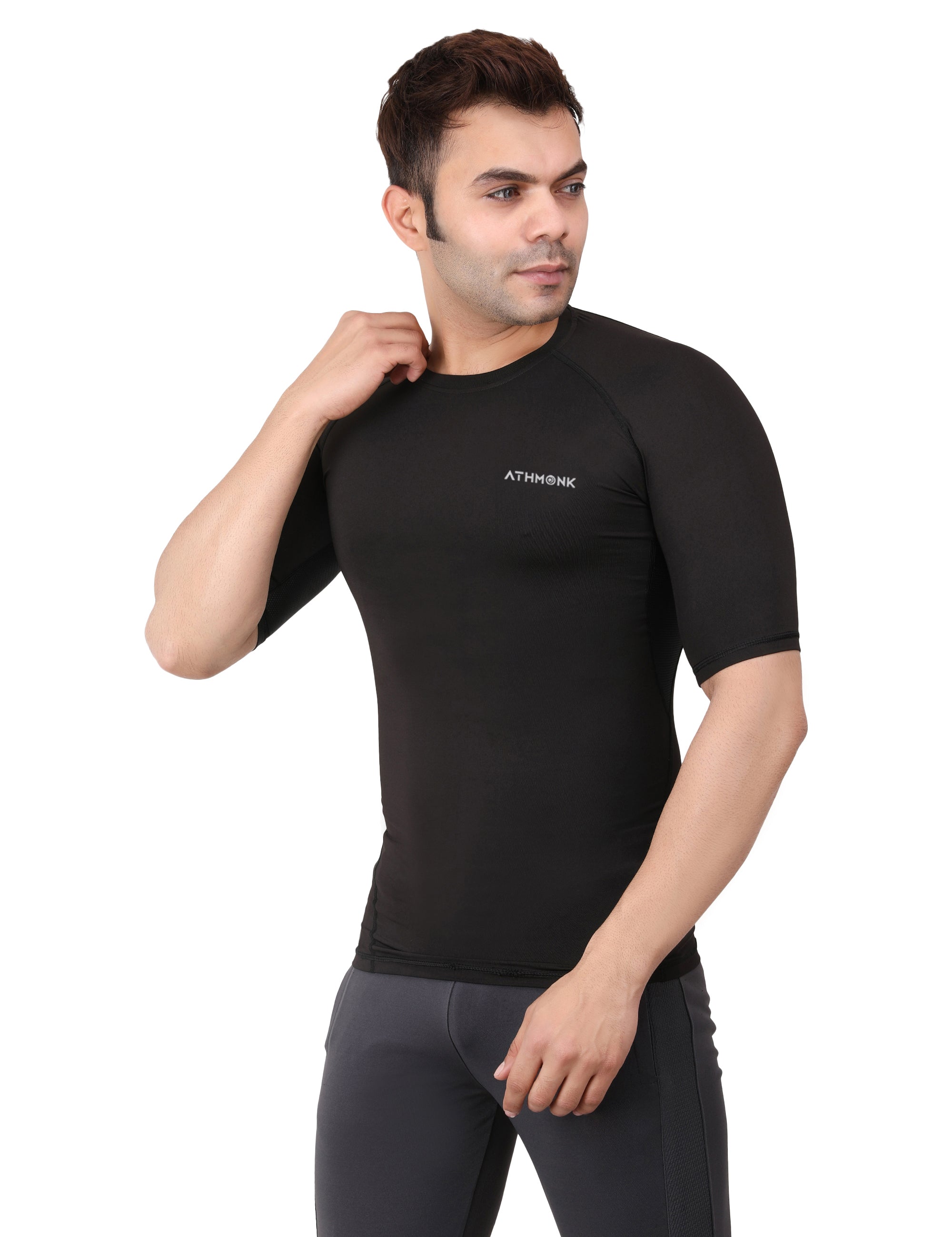 Athmonk Compression T-Shirt Vest Body Shaper Half Sleeve for Men Boys Branded - Nylon Lycra Fabric - Workout Gym Cricket Football Sports Training - Keep Dry Tight Skin Fit - Round Neck